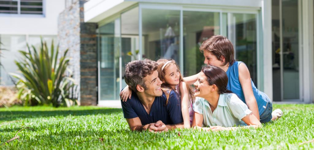 Family outdoors at vacation home Family outdoors at vacation home
